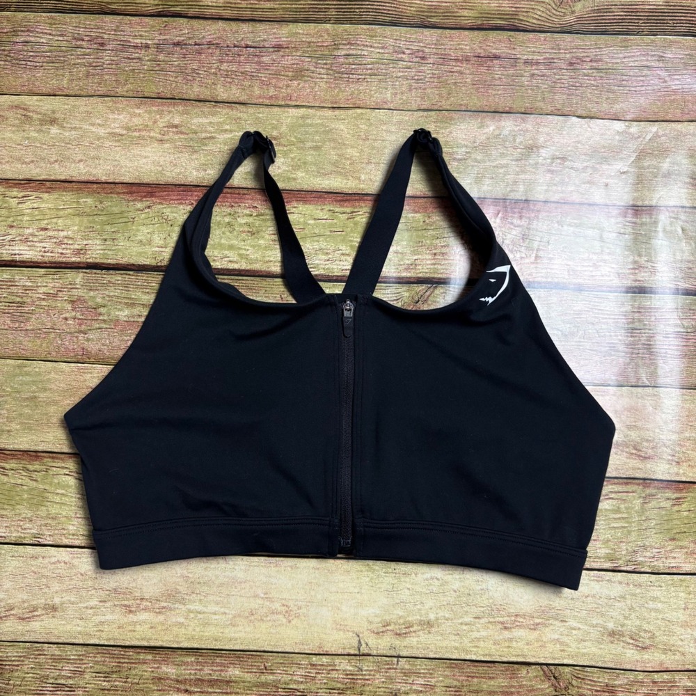 Gymshark Womens Front Zip Racerback Sports Bra Black Medium GLSB4747
